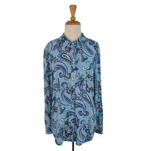 Talbots L Blue Paisley Button Up Shirt Hippy Psychedelic 70s Career Boho Hippy